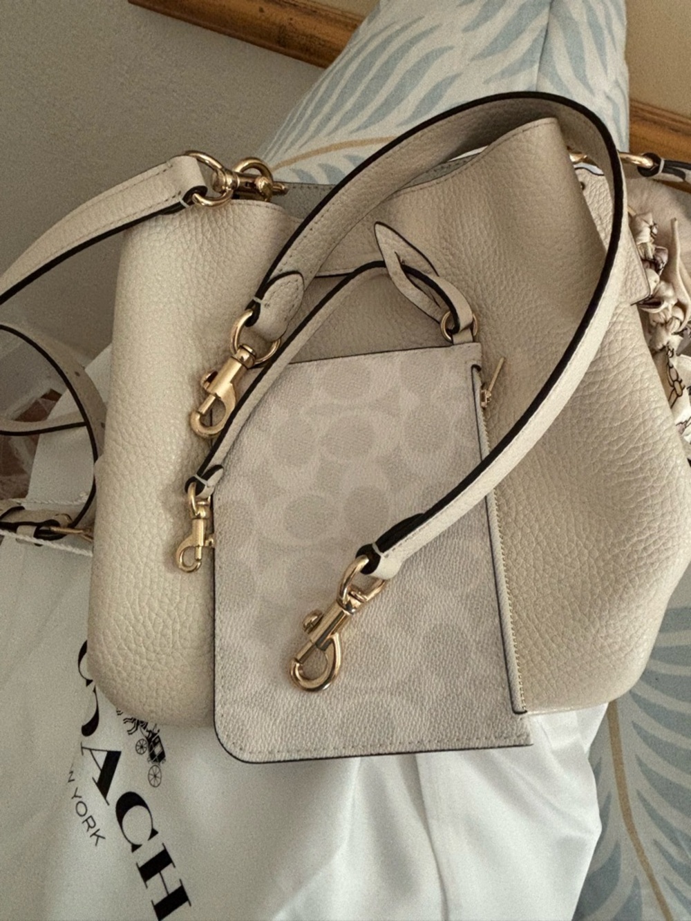 Coach Cream Pebbled Leather Drawstring Crossbody Bag - Picture 11 of 13